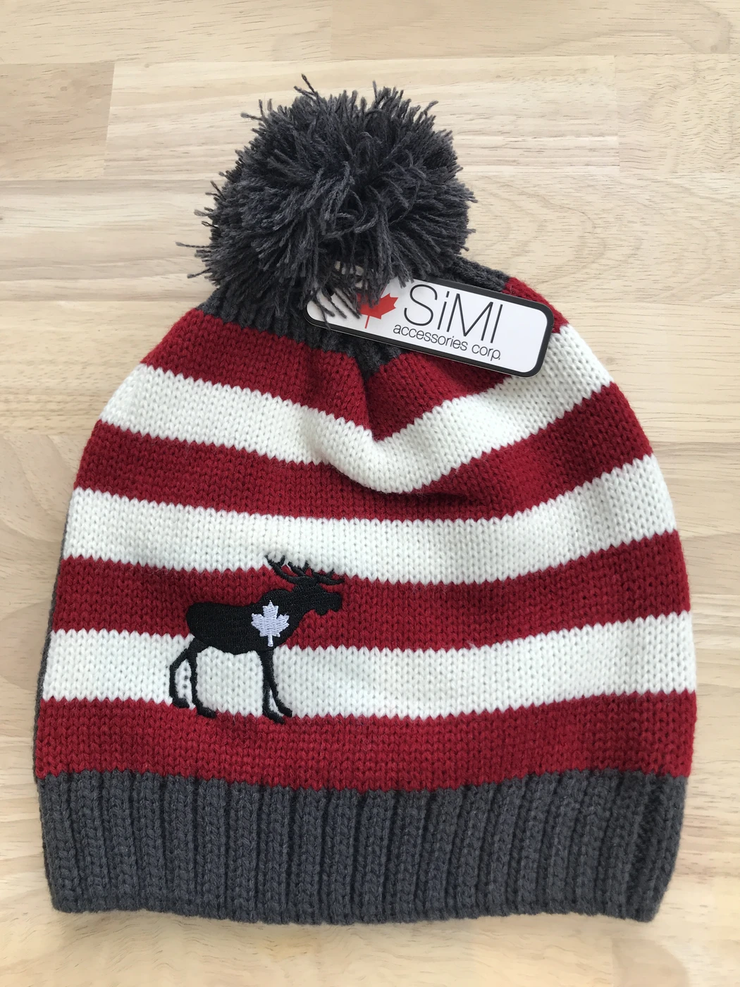 Striped Pompom Toque with Moose