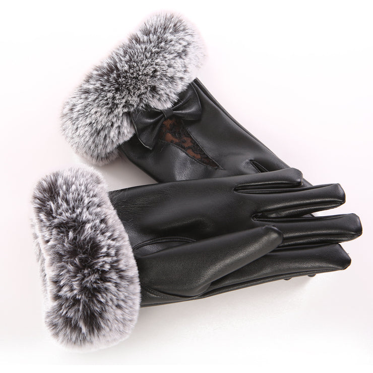 Lace and Fur Trim Leather Gloves