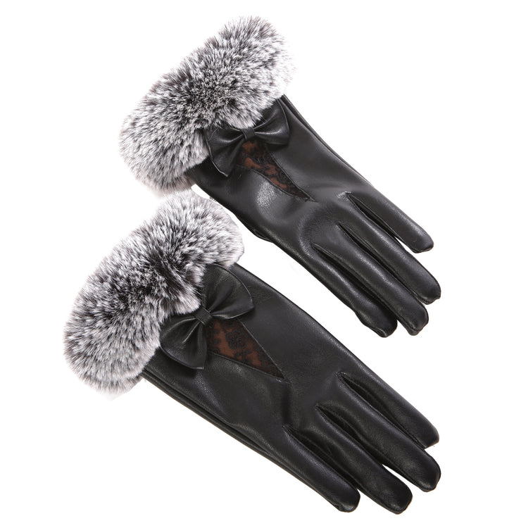 Lace and Fur Trim Leather Gloves